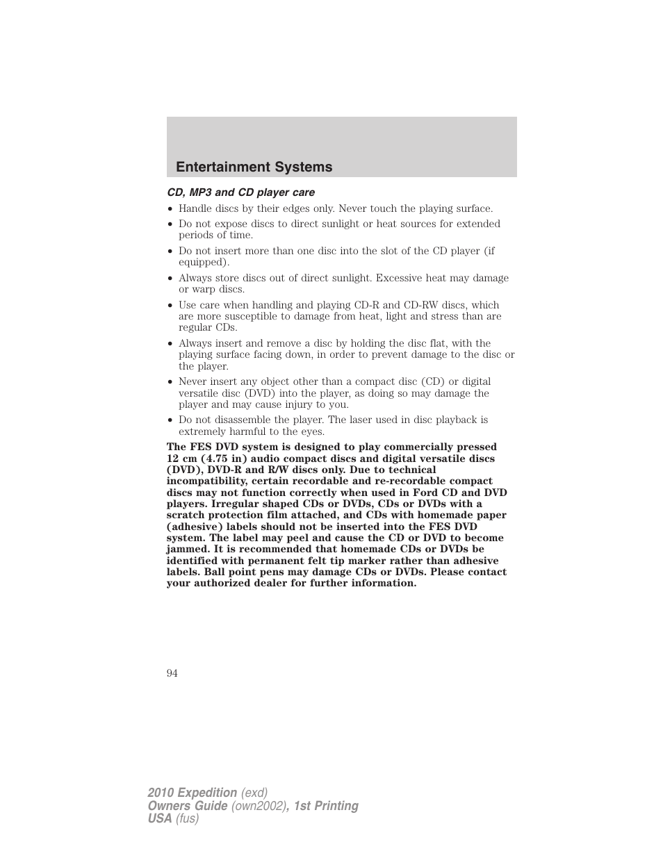 Cd, mp3 and cd player care, Entertainment systems | FORD 2010 Expedition v.1 User Manual | Page 94 / 420