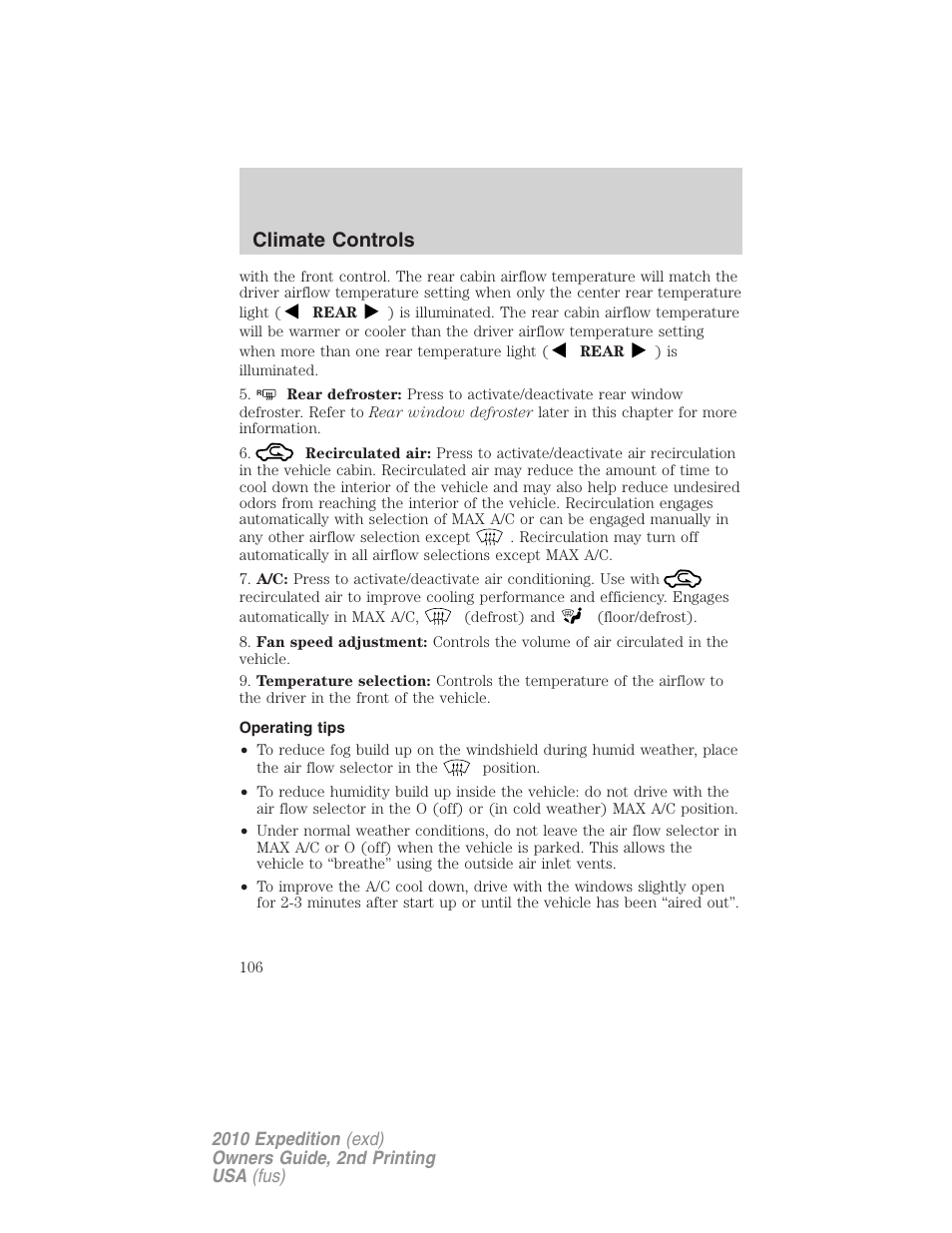 Operating tips, Climate controls | FORD 2010 Expedition v.2 User Manual | Page 106 / 424