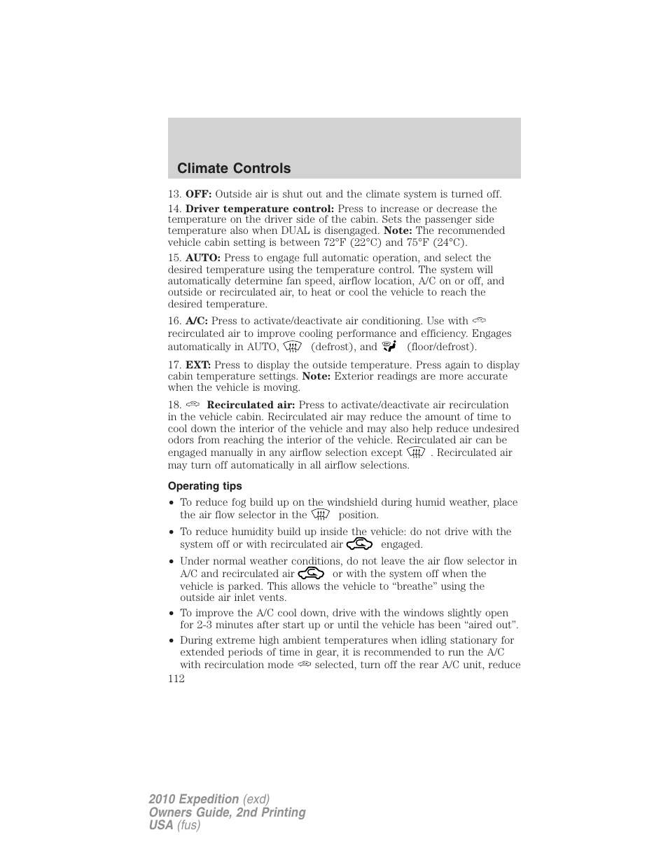 Operating tips, Climate controls | FORD 2010 Expedition v.2 User Manual | Page 112 / 424