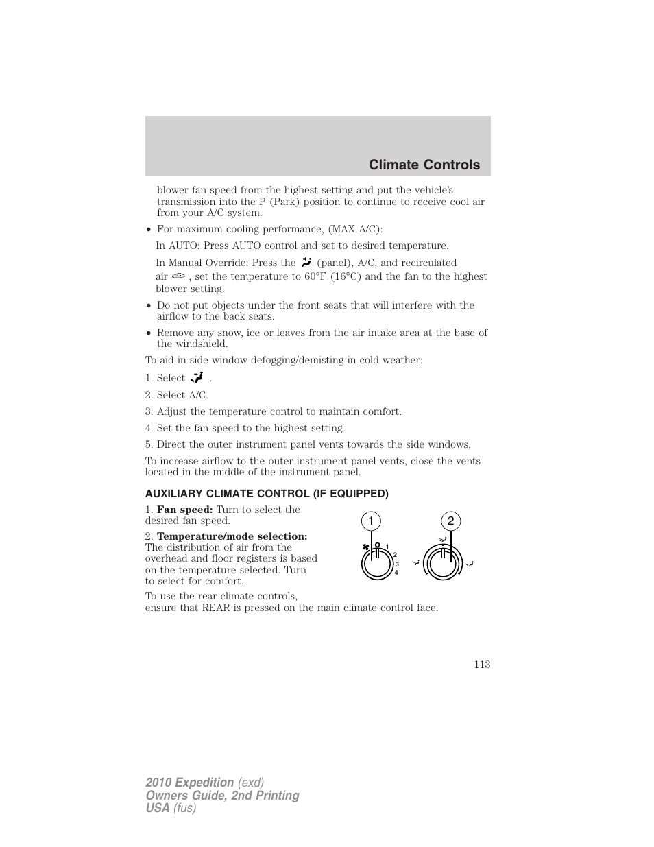 Auxiliary climate control (if equipped), Climate controls | FORD 2010 Expedition v.2 User Manual | Page 113 / 424