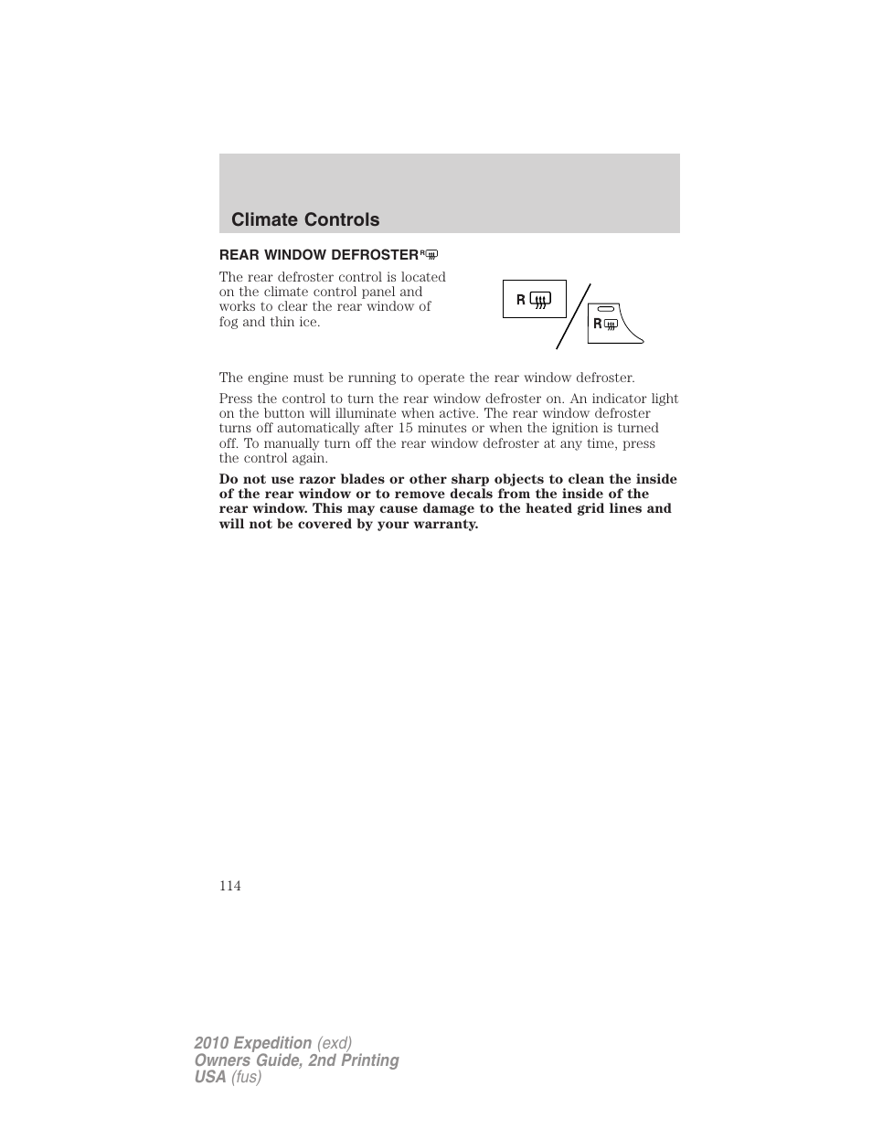 Rear window defroster, Climate controls | FORD 2010 Expedition v.2 User Manual | Page 114 / 424