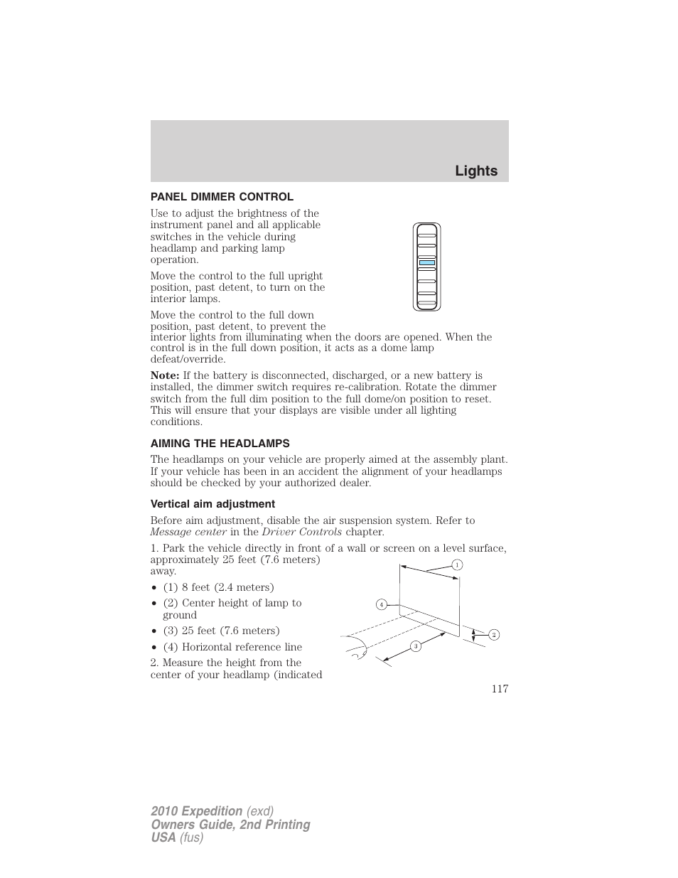 Panel dimmer control, Aiming the headlamps, Vertical aim adjustment | Lights | FORD 2010 Expedition v.2 User Manual | Page 117 / 424