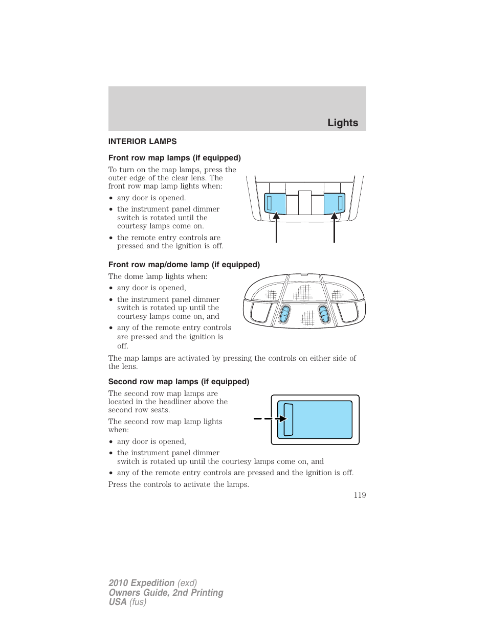 Interior lamps, Front row map lamps (if equipped), Front row map/dome lamp (if equipped) | Second row map lamps (if equipped), Lights | FORD 2010 Expedition v.2 User Manual | Page 119 / 424
