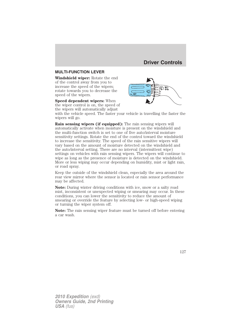 Driver controls, Multi-function lever, Windshield wiper/washer control | FORD 2010 Expedition v.2 User Manual | Page 127 / 424