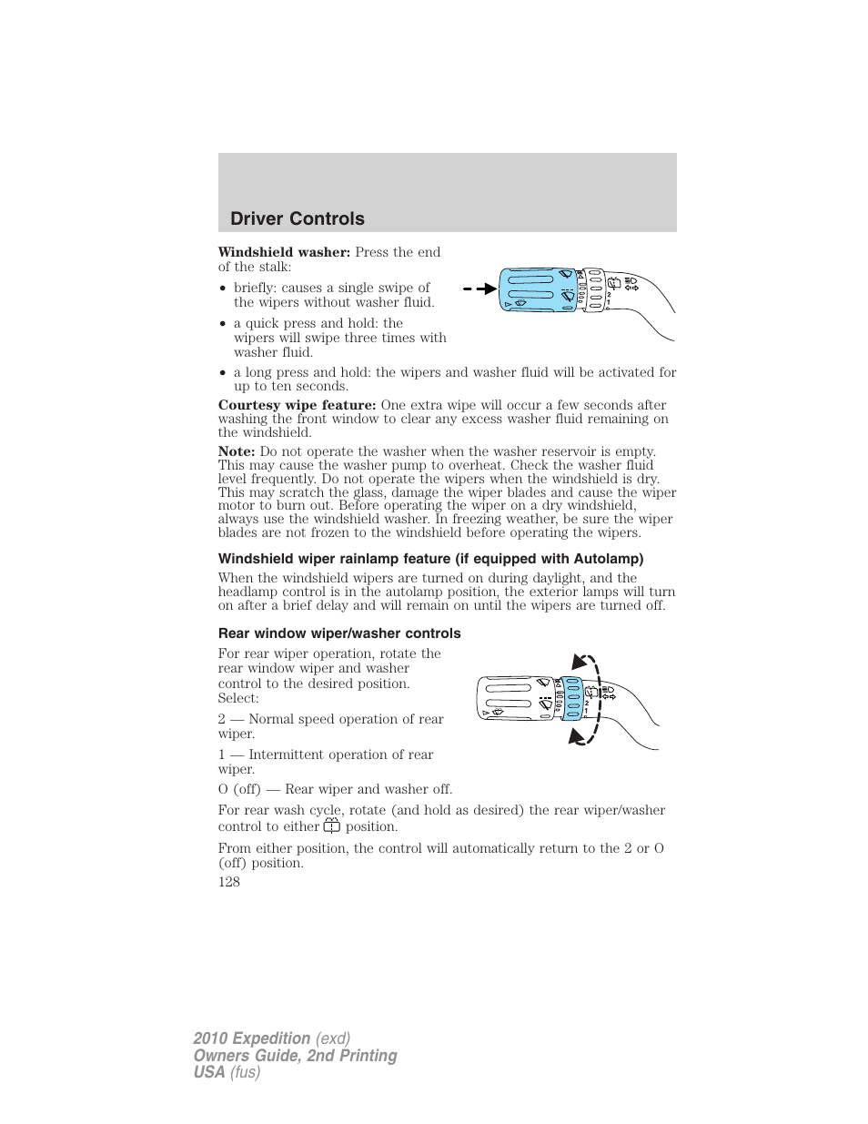 Rear window wiper/washer controls, Driver controls | FORD 2010 Expedition v.2 User Manual | Page 128 / 424