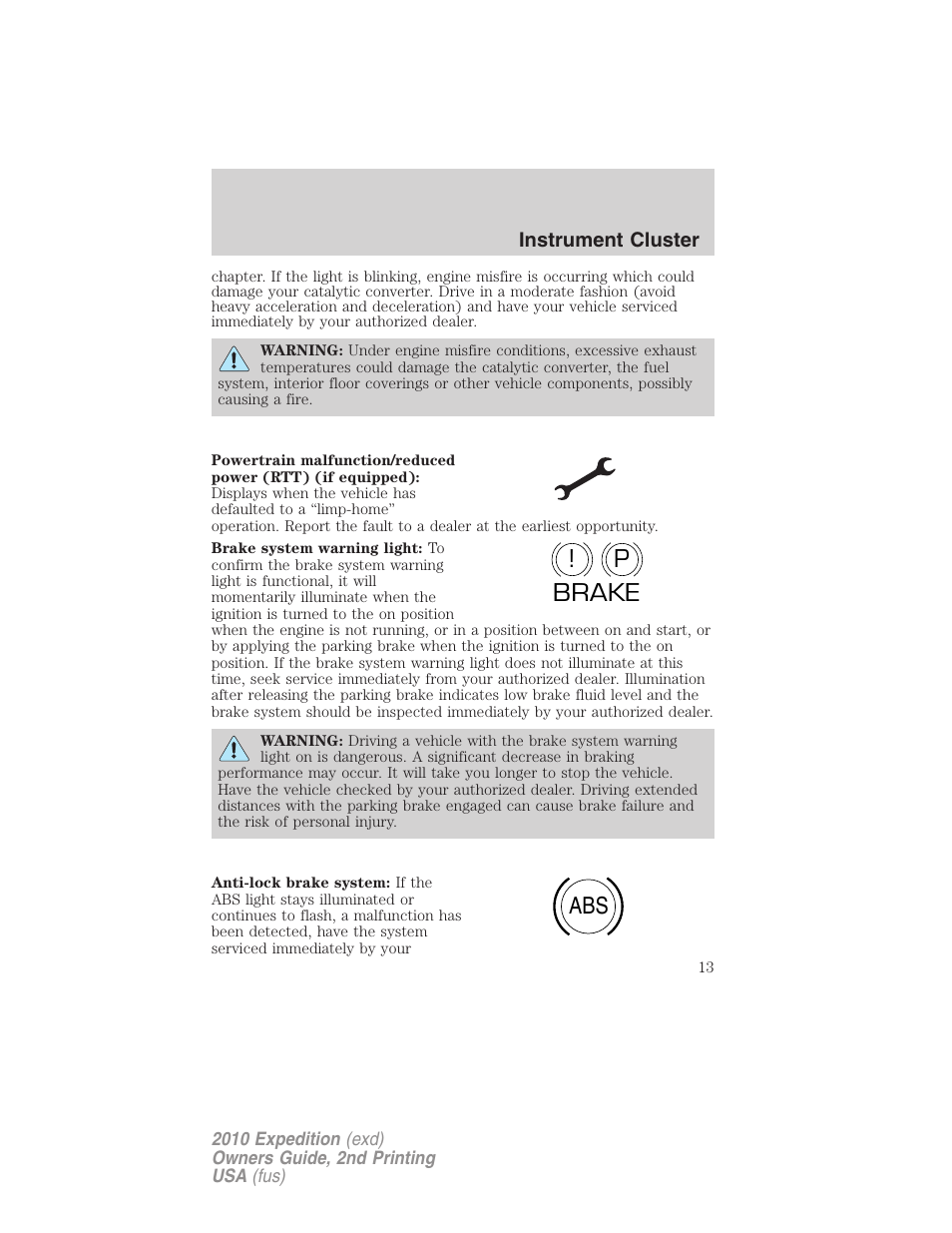 P! brake abs | FORD 2010 Expedition v.2 User Manual | Page 13 / 424