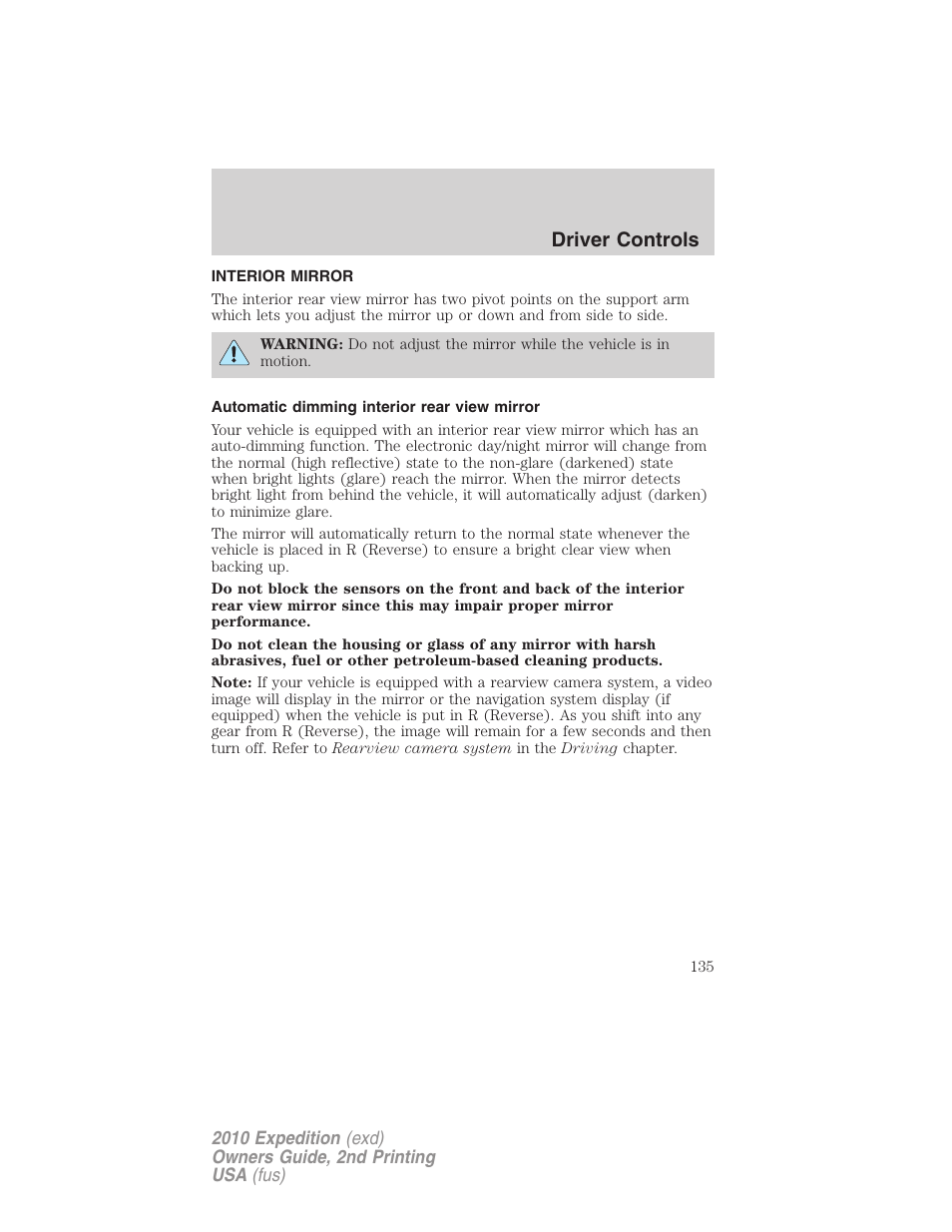 Interior mirror, Automatic dimming interior rear view mirror, Mirrors | Driver controls | FORD 2010 Expedition v.2 User Manual | Page 135 / 424