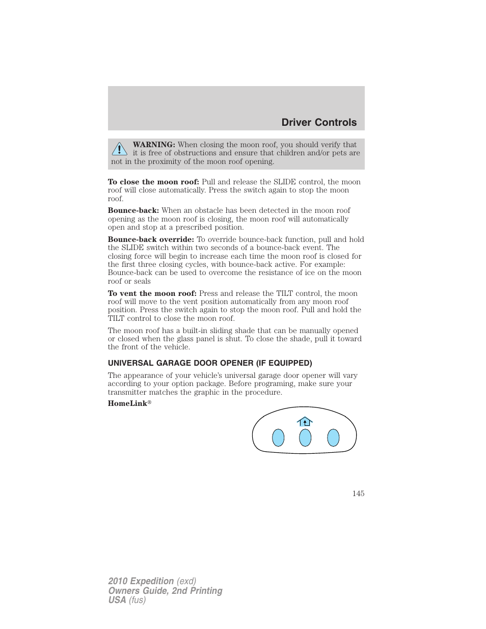 Universal garage door opener (if equipped), Driver controls | FORD 2010 Expedition v.2 User Manual | Page 145 / 424