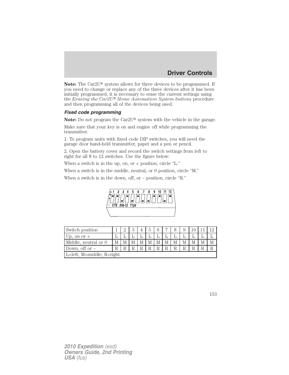 Fixed code programming, Driver controls | FORD 2010 Expedition v.2 User Manual | Page 153 / 424