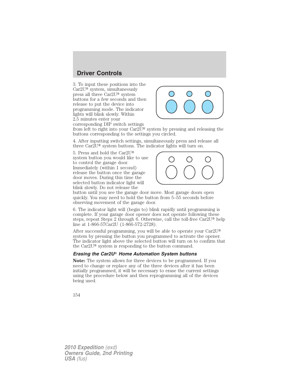 Erasing the car2u home automation system buttons, Driver controls | FORD 2010 Expedition v.2 User Manual | Page 154 / 424