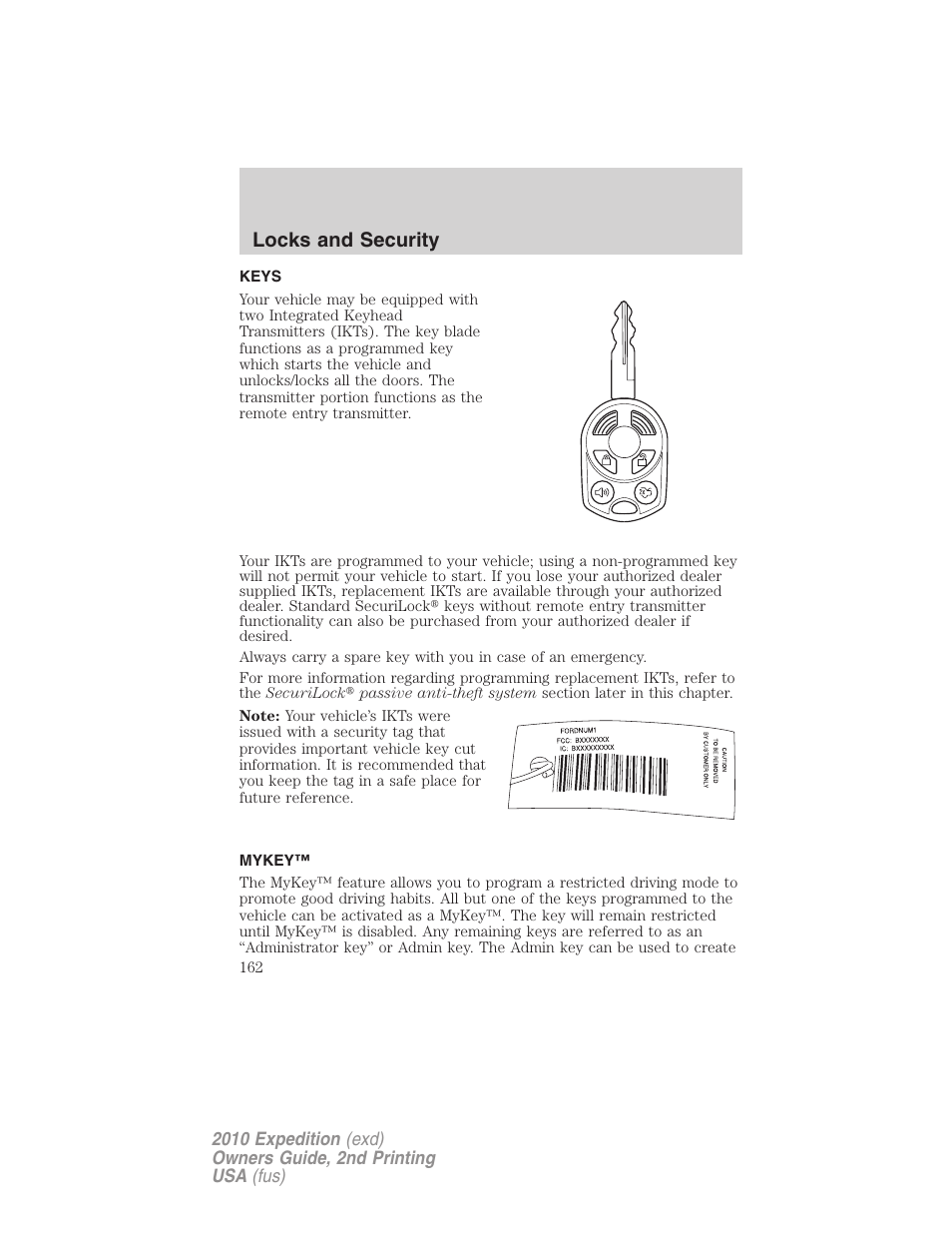 Locks and security, Keys, Mykey | FORD 2010 Expedition v.2 User Manual | Page 162 / 424