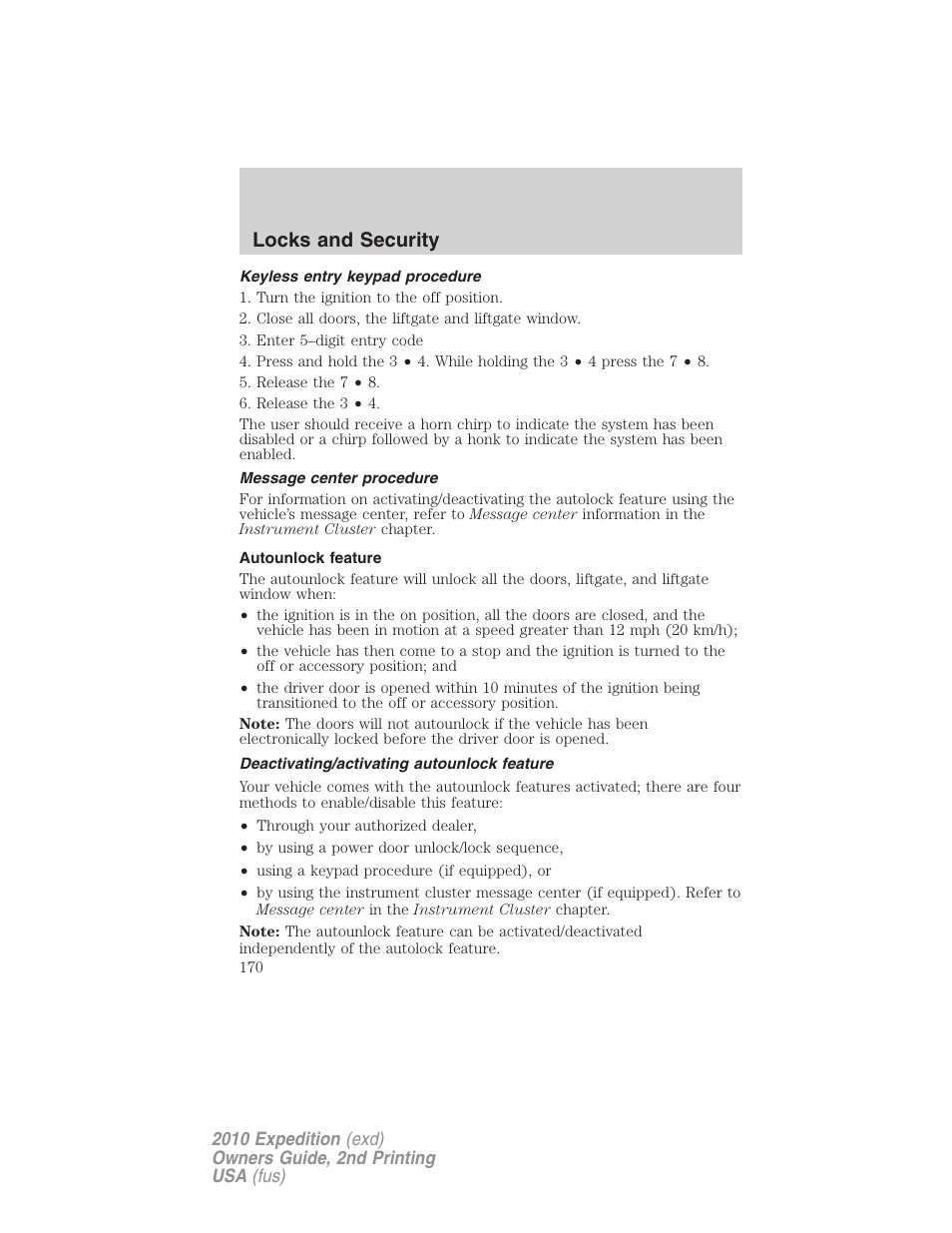 Keyless entry keypad procedure, Message center procedure, Autounlock feature | Deactivating/activating autounlock feature, Locks and security | FORD 2010 Expedition v.2 User Manual | Page 170 / 424