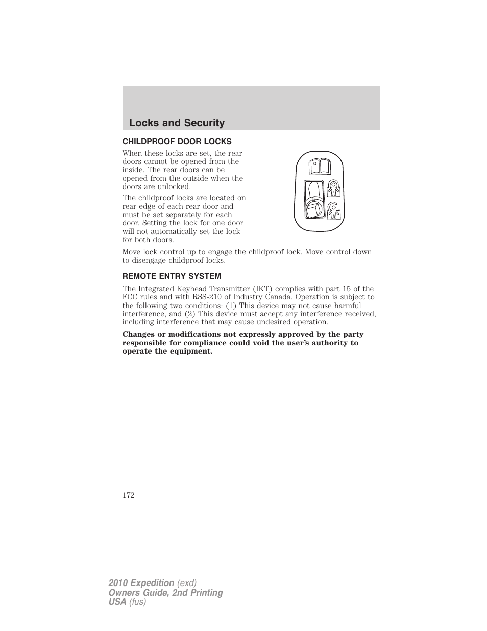 Childproof door locks, Remote entry system, Locks and security | FORD 2010 Expedition v.2 User Manual | Page 172 / 424