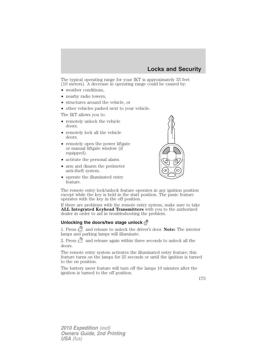 Unlocking the doors/two stage unlock, Locks and security | FORD 2010 Expedition v.2 User Manual | Page 173 / 424