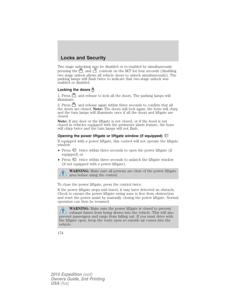Locking the doors, Locks and security | FORD 2010 Expedition v.2 User Manual | Page 174 / 424