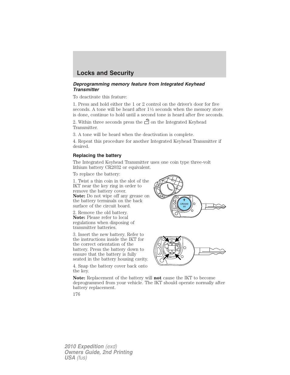 Replacing the battery, Locks and security | FORD 2010 Expedition v.2 User Manual | Page 176 / 424