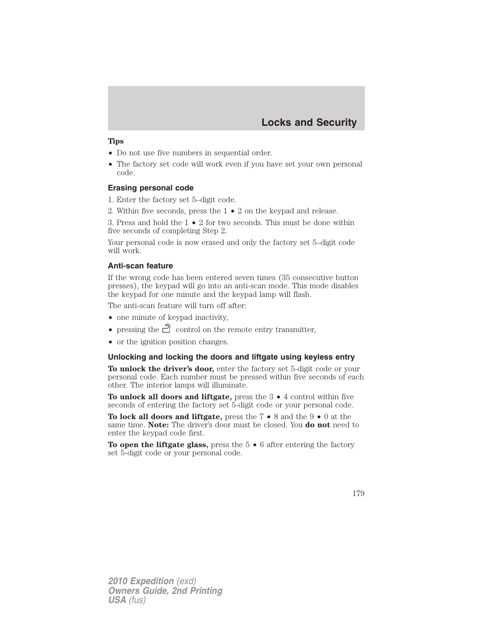 Erasing personal code, Anti-scan feature, Locks and security | FORD 2010 Expedition v.2 User Manual | Page 179 / 424