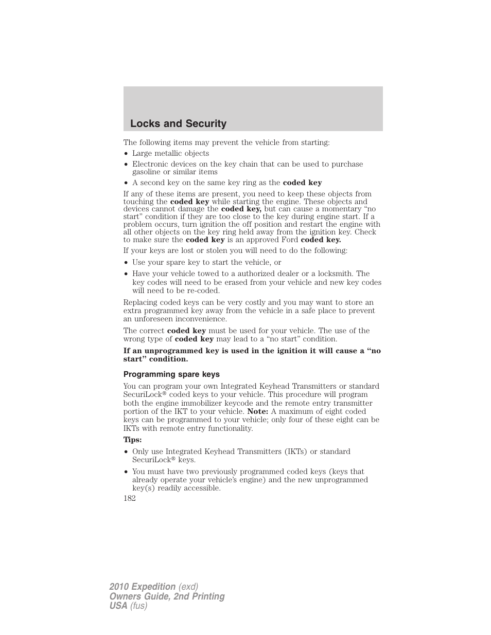 Programming spare keys, Locks and security | FORD 2010 Expedition v.2 User Manual | Page 182 / 424