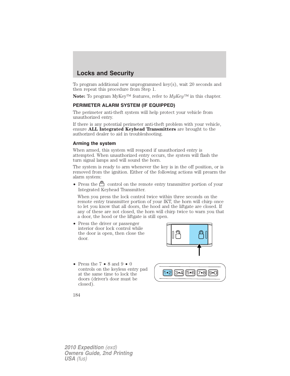 Perimeter alarm system (if equipped), Arming the system, Locks and security | FORD 2010 Expedition v.2 User Manual | Page 184 / 424