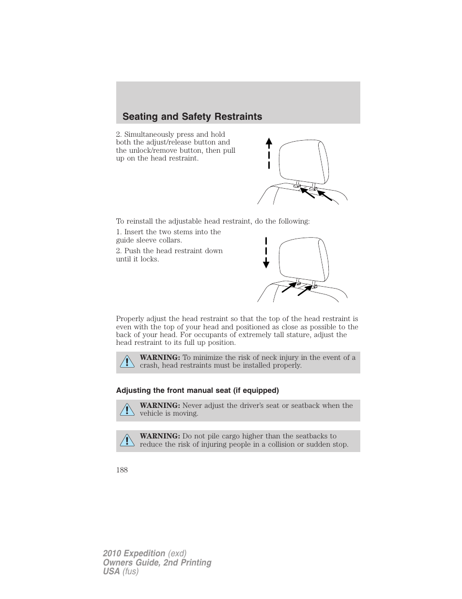 Adjusting the front manual seat (if equipped), Seating and safety restraints | FORD 2010 Expedition v.2 User Manual | Page 188 / 424
