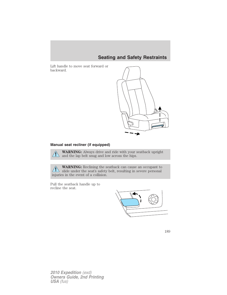Manual seat recliner (if equipped), Seating and safety restraints | FORD 2010 Expedition v.2 User Manual | Page 189 / 424