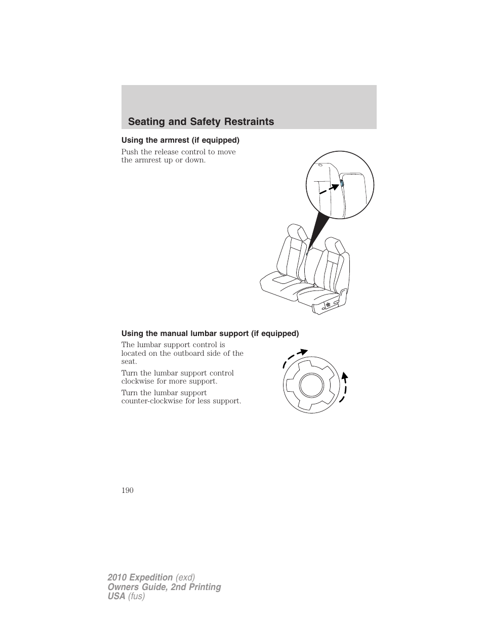 Using the armrest (if equipped), Using the manual lumbar support (if equipped), Seating and safety restraints | FORD 2010 Expedition v.2 User Manual | Page 190 / 424