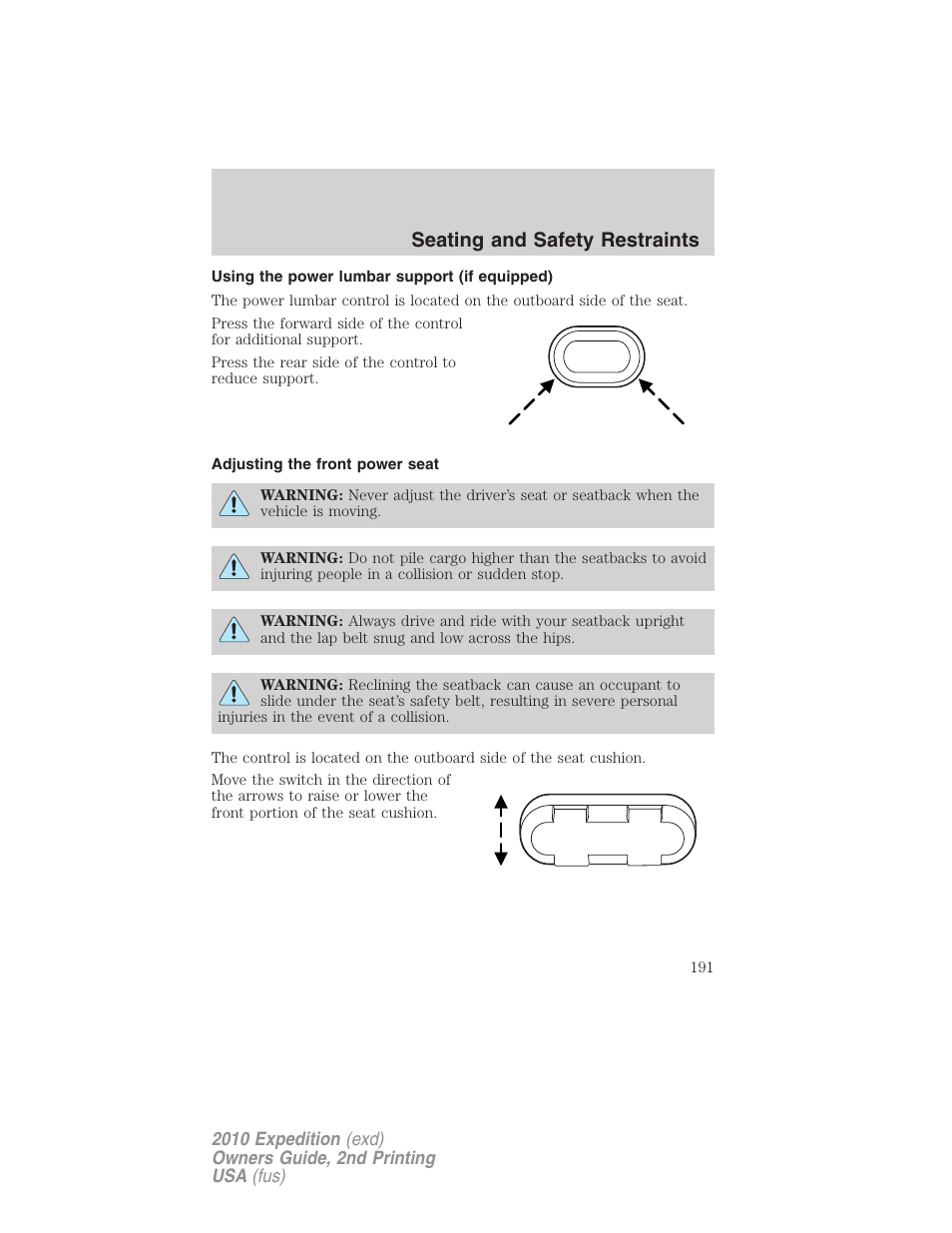 Using the power lumbar support (if equipped), Adjusting the front power seat, Seating and safety restraints | FORD 2010 Expedition v.2 User Manual | Page 191 / 424