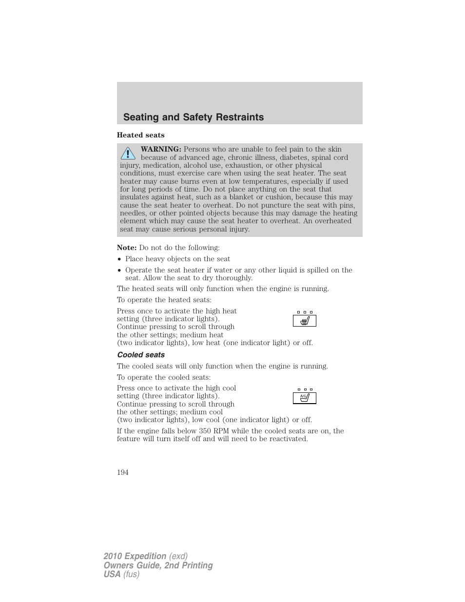 Cooled seats, Seating and safety restraints | FORD 2010 Expedition v.2 User Manual | Page 194 / 424