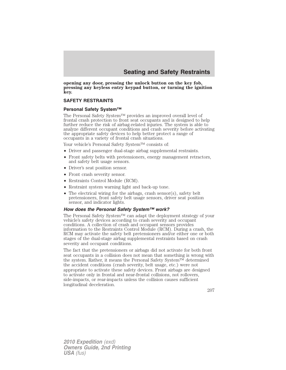Safety restraints, Personal safety system, How does the personal safety system™ work | Seating and safety restraints | FORD 2010 Expedition v.2 User Manual | Page 207 / 424