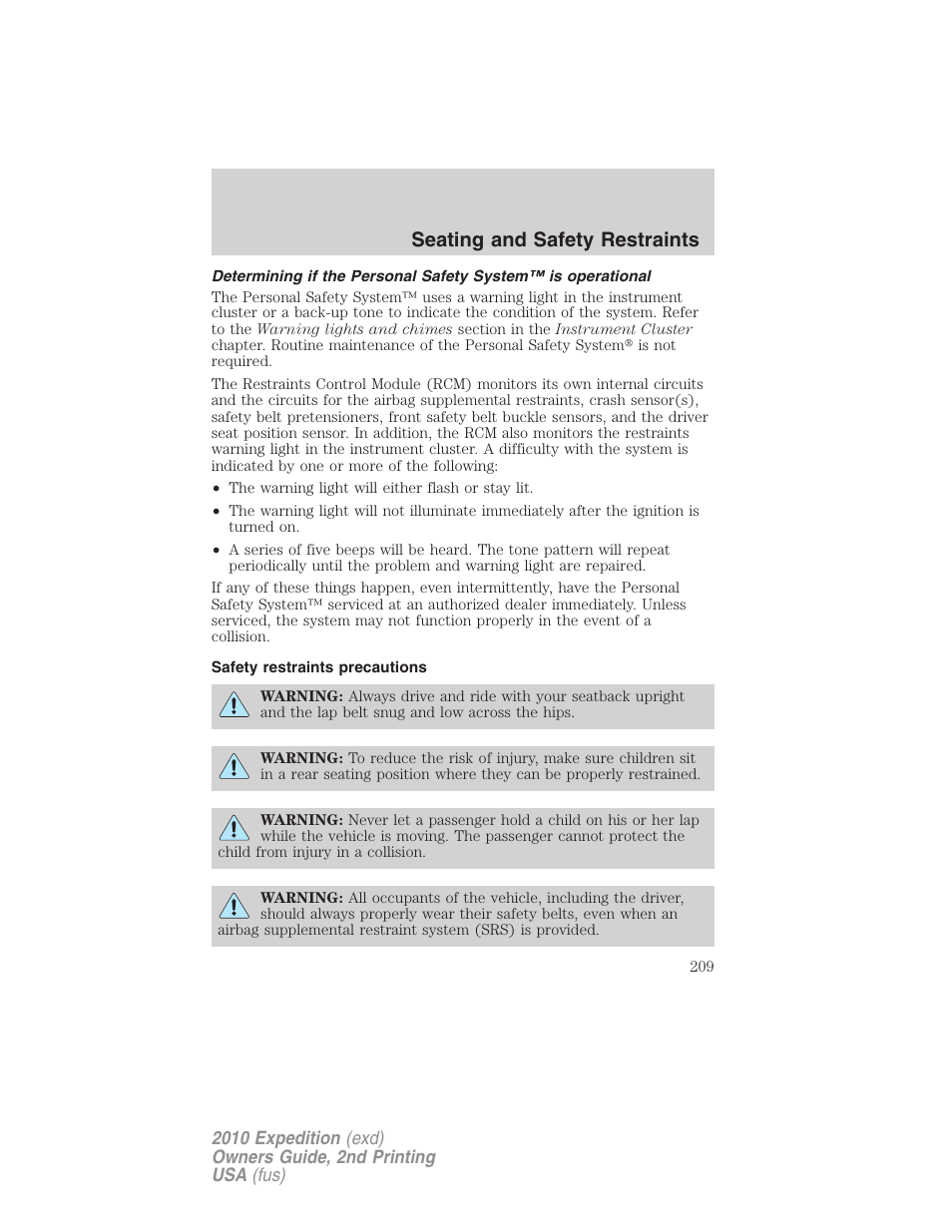 Safety restraints precautions, Seating and safety restraints | FORD 2010 Expedition v.2 User Manual | Page 209 / 424