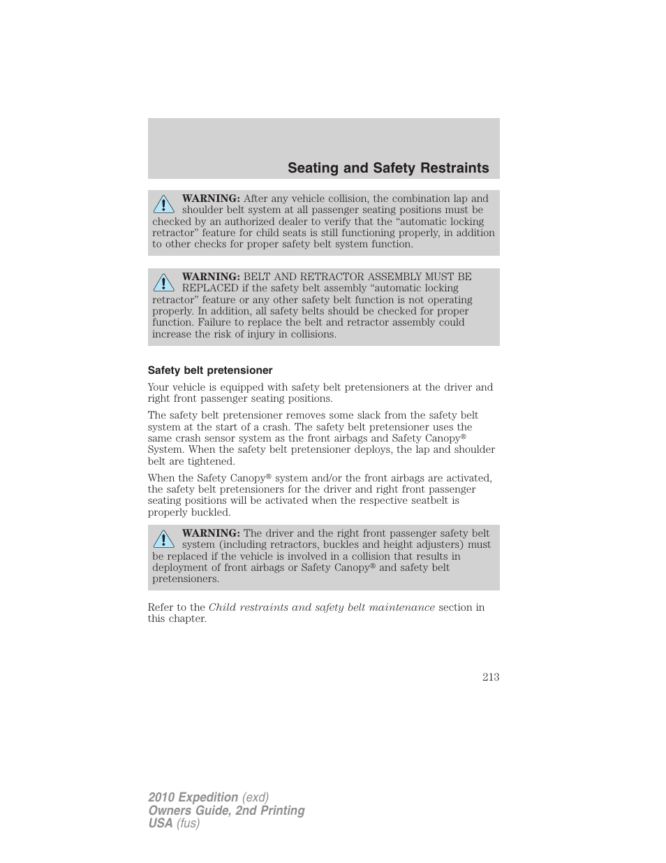 Safety belt pretensioner, Seating and safety restraints | FORD 2010 Expedition v.2 User Manual | Page 213 / 424