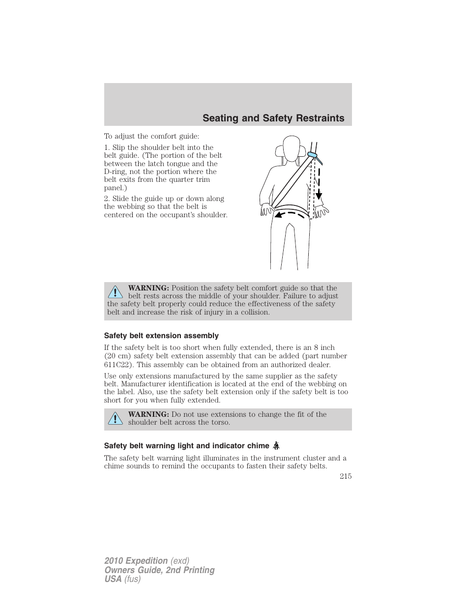 Safety belt extension assembly, Safety belt warning light and indicator chime, Seating and safety restraints | FORD 2010 Expedition v.2 User Manual | Page 215 / 424