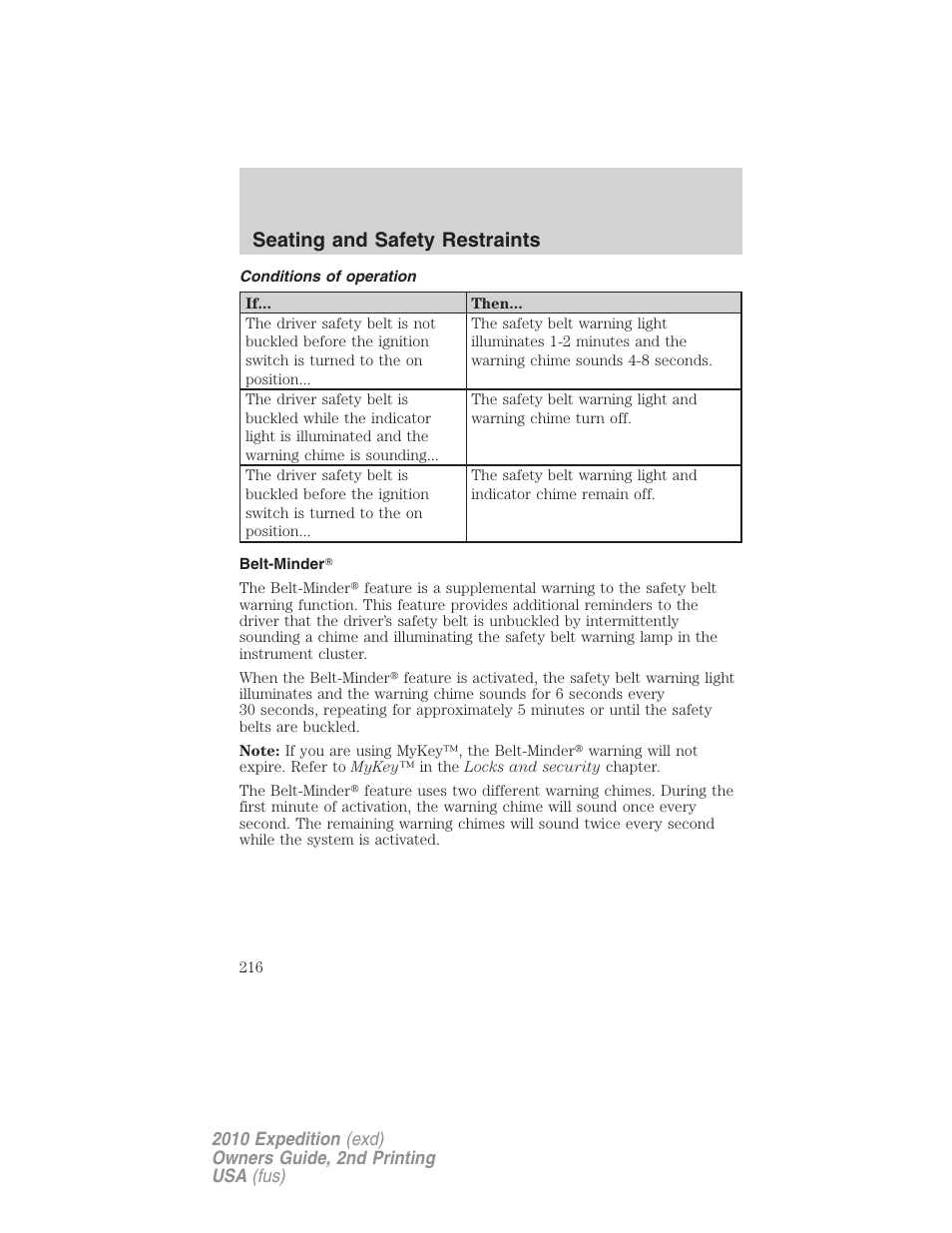 Conditions of operation, Belt-minder, Seating and safety restraints | FORD 2010 Expedition v.2 User Manual | Page 216 / 424