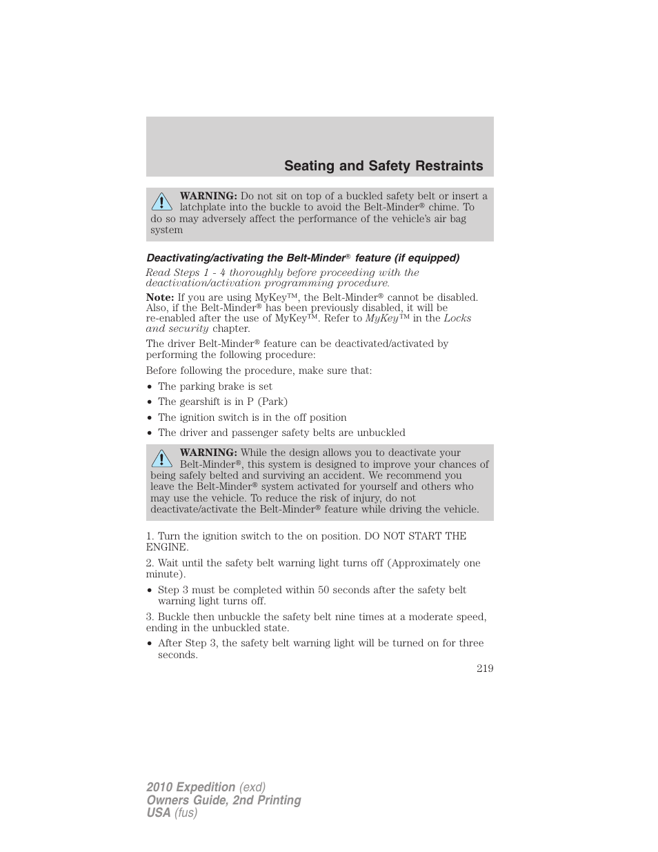 Seating and safety restraints | FORD 2010 Expedition v.2 User Manual | Page 219 / 424