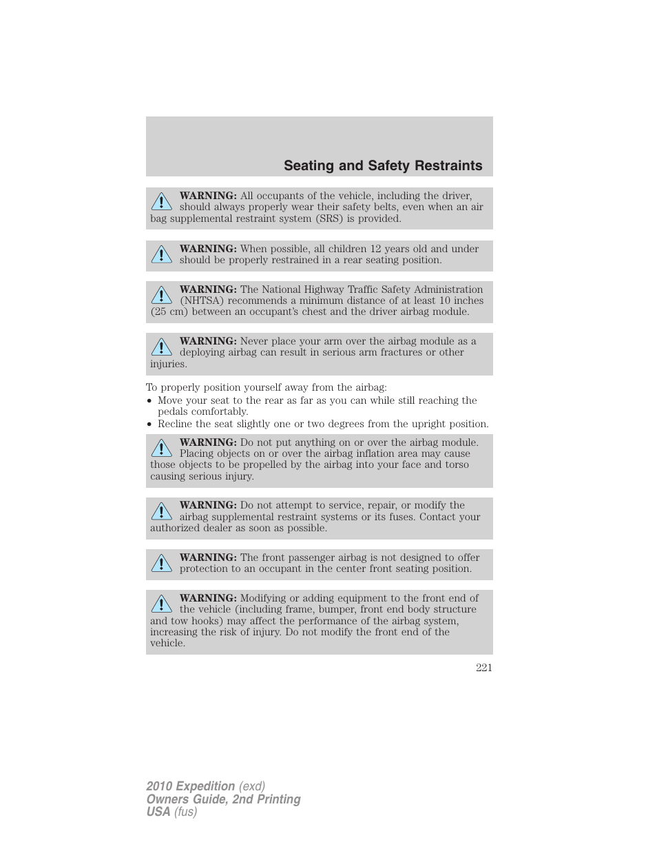 Seating and safety restraints | FORD 2010 Expedition v.2 User Manual | Page 221 / 424