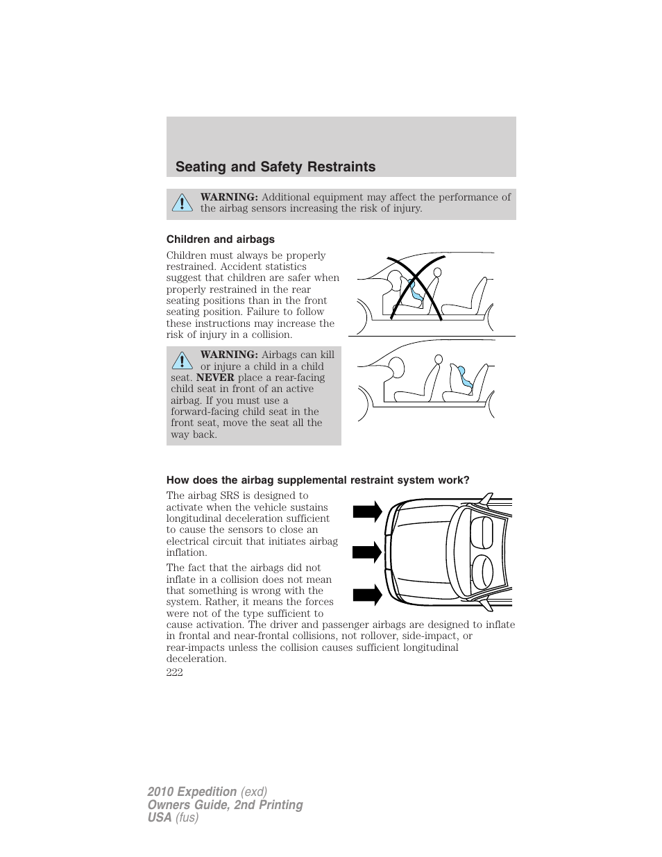 Children and airbags, Seating and safety restraints | FORD 2010 Expedition v.2 User Manual | Page 222 / 424
