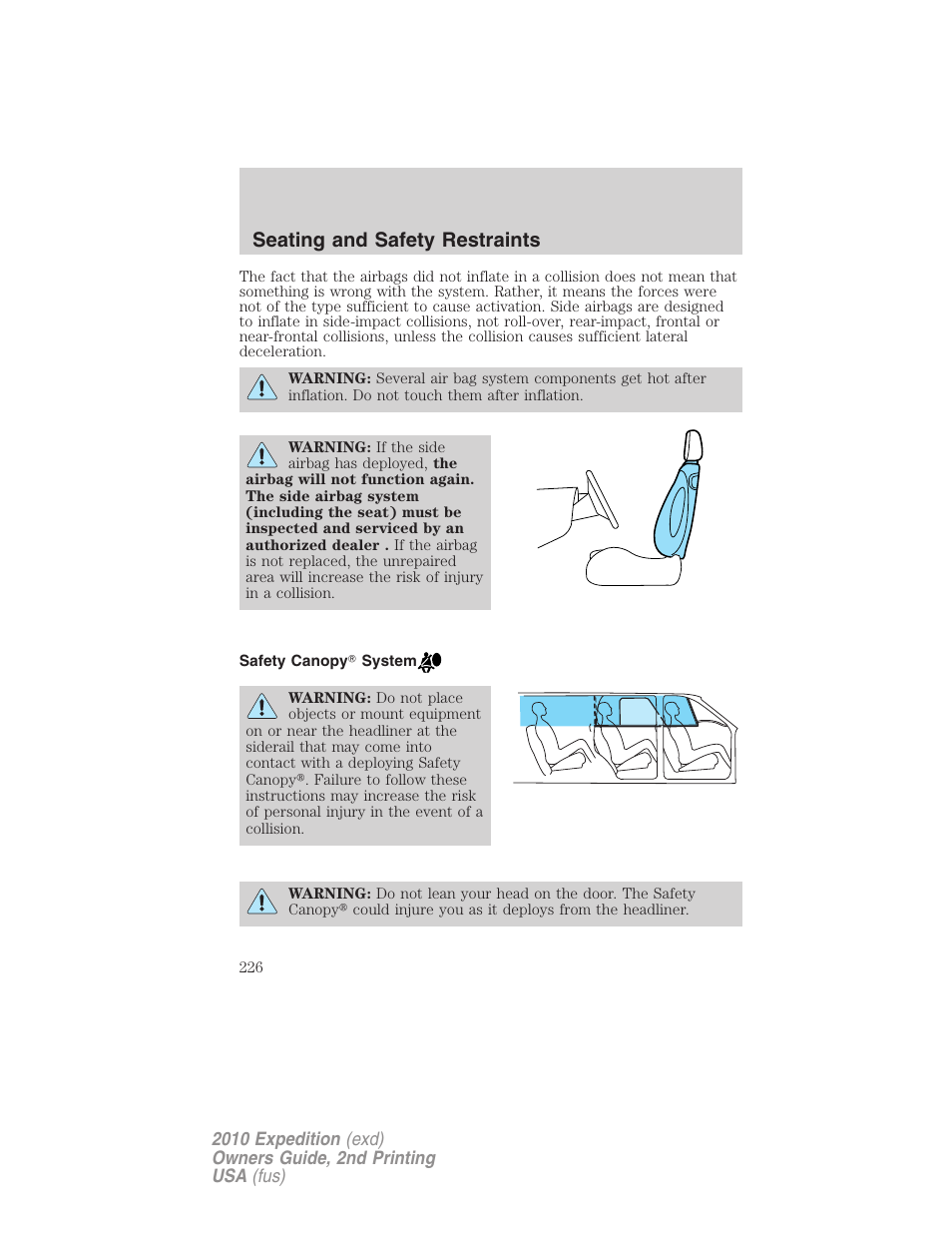 Safety canopy system, Seating and safety restraints | FORD 2010 Expedition v.2 User Manual | Page 226 / 424