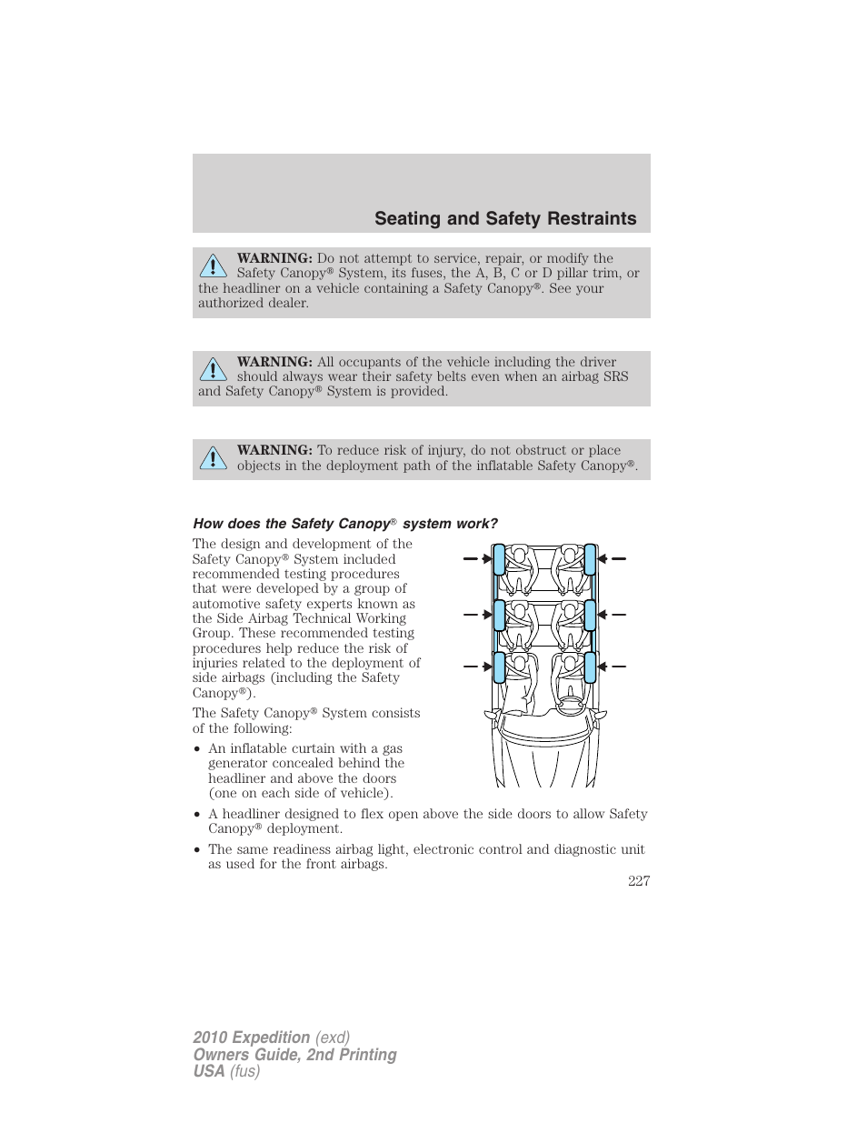How does the safety canopy system work, Seating and safety restraints | FORD 2010 Expedition v.2 User Manual | Page 227 / 424