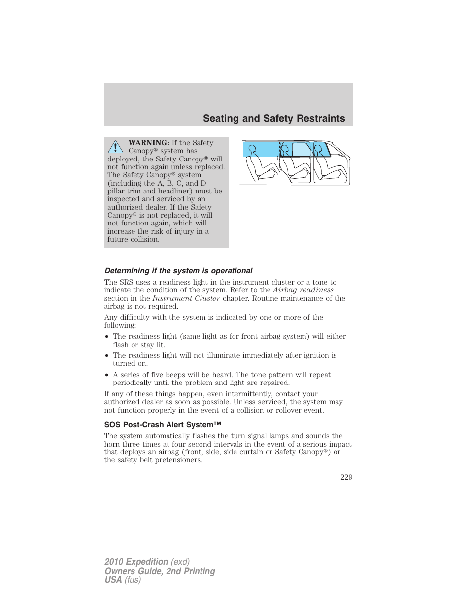 Determining if the system is operational, Sos post-crash alert system, Seating and safety restraints | FORD 2010 Expedition v.2 User Manual | Page 229 / 424