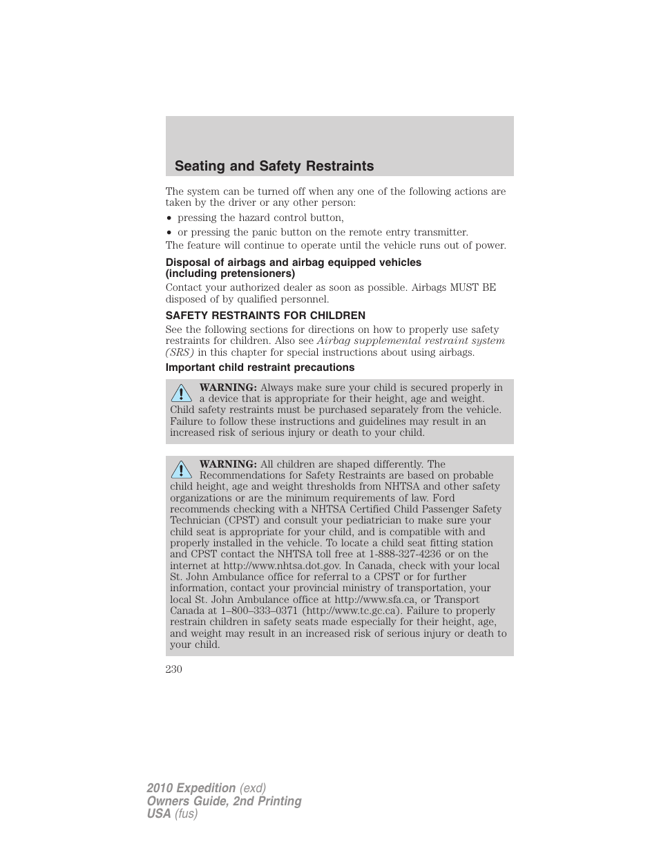Safety restraints for children, Important child restraint precautions, Child restraints | Seating and safety restraints | FORD 2010 Expedition v.2 User Manual | Page 230 / 424