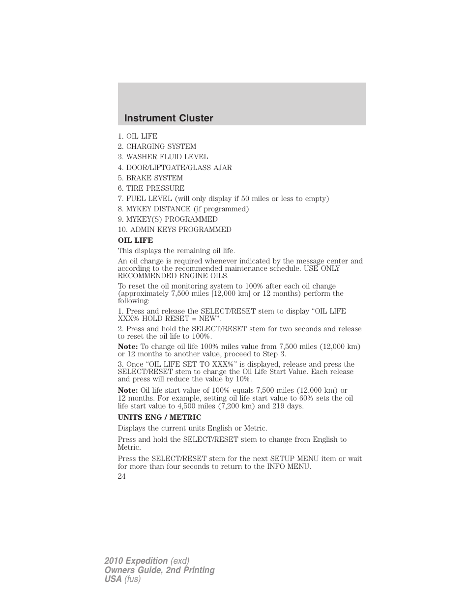Instrument cluster | FORD 2010 Expedition v.2 User Manual | Page 24 / 424