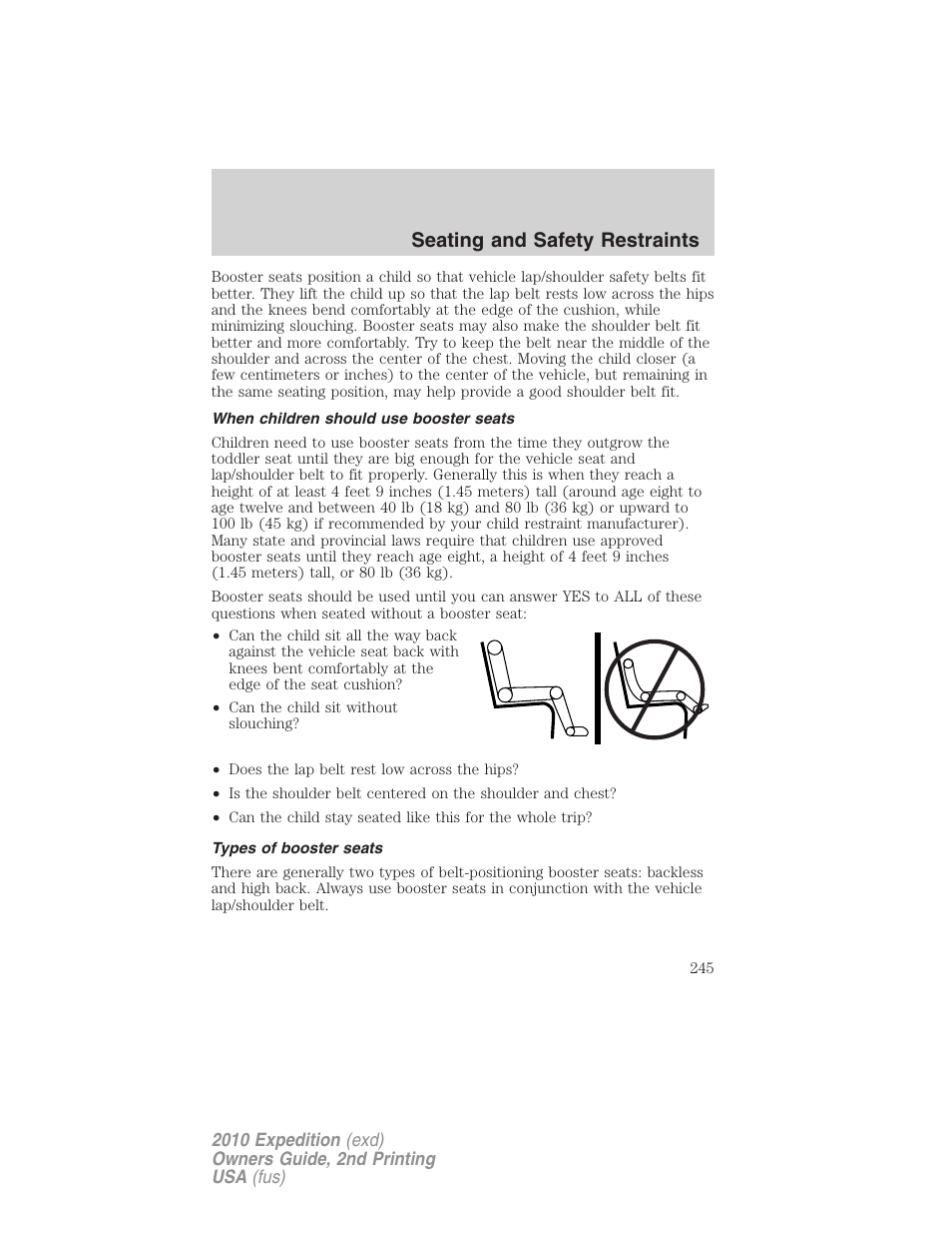 When children should use booster seats, Types of booster seats, Seating and safety restraints | FORD 2010 Expedition v.2 User Manual | Page 245 / 424