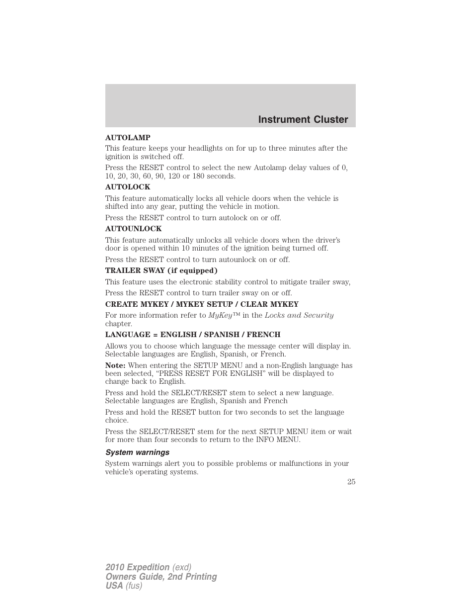 System warnings, Instrument cluster | FORD 2010 Expedition v.2 User Manual | Page 25 / 424
