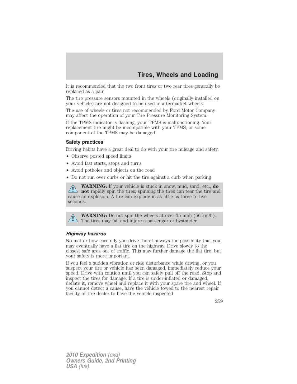 Safety practices, Highway hazards, Tires, wheels and loading | FORD 2010 Expedition v.2 User Manual | Page 259 / 424