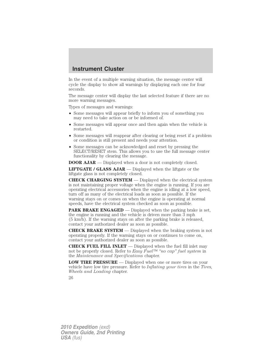 Instrument cluster | FORD 2010 Expedition v.2 User Manual | Page 26 / 424