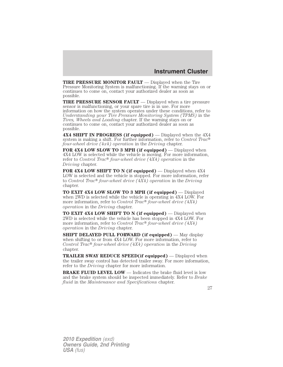 Instrument cluster | FORD 2010 Expedition v.2 User Manual | Page 27 / 424