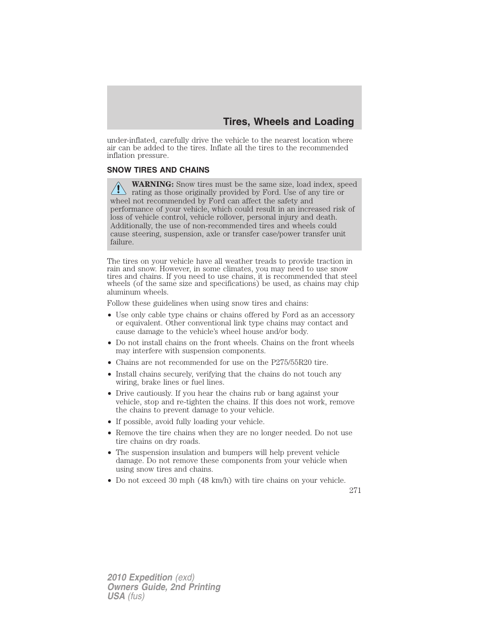 Snow tires and chains, Tires, wheels and loading | FORD 2010 Expedition v.2 User Manual | Page 271 / 424