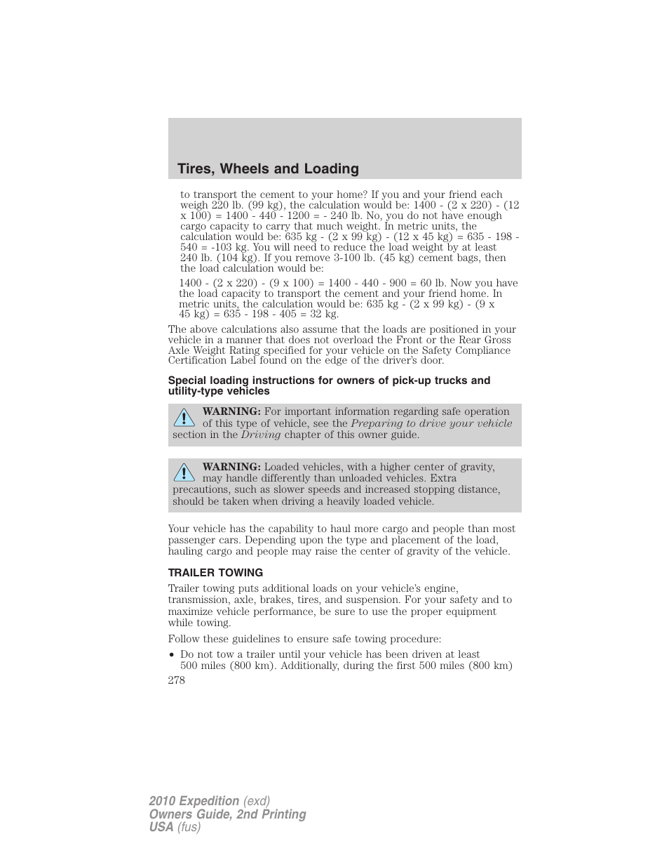 Trailer towing, Tires, wheels and loading | FORD 2010 Expedition v.2 User Manual | Page 278 / 424