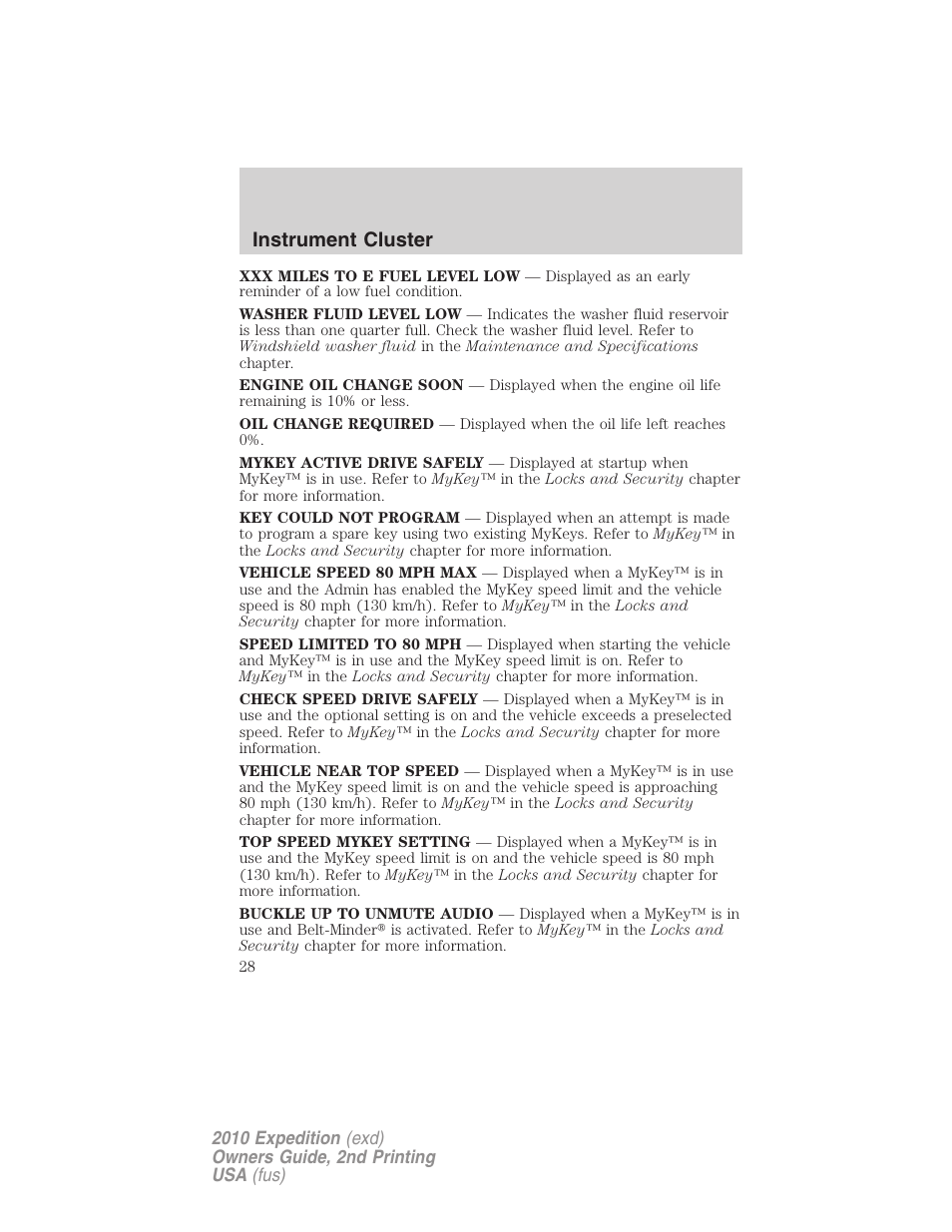 Instrument cluster | FORD 2010 Expedition v.2 User Manual | Page 28 / 424