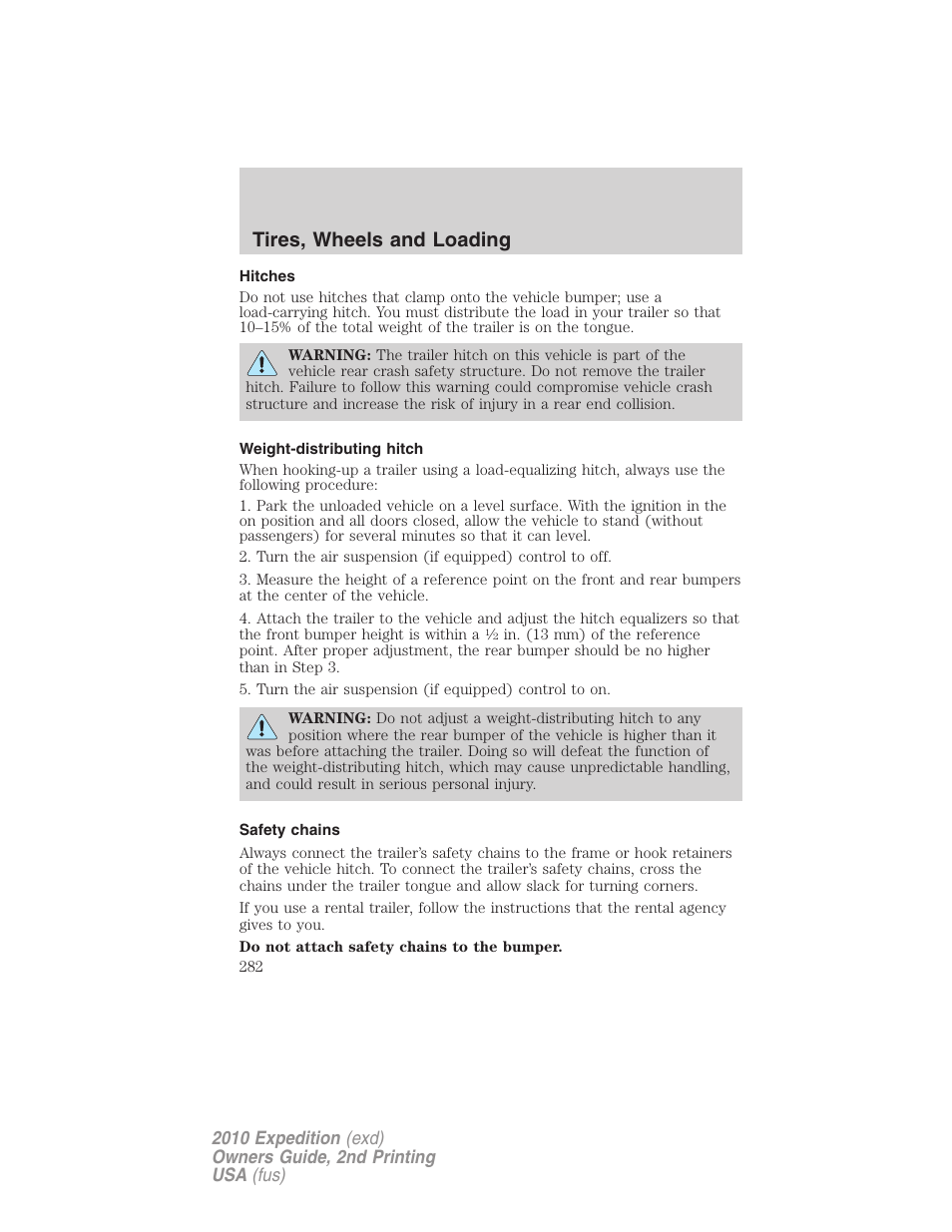 Hitches, Weight-distributing hitch, Safety chains | Tires, wheels and loading | FORD 2010 Expedition v.2 User Manual | Page 282 / 424